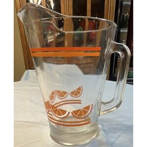 Vintage Clear Glass Pitcher Orange Citrus Slice Stripes Retro Juice Carafe 8in